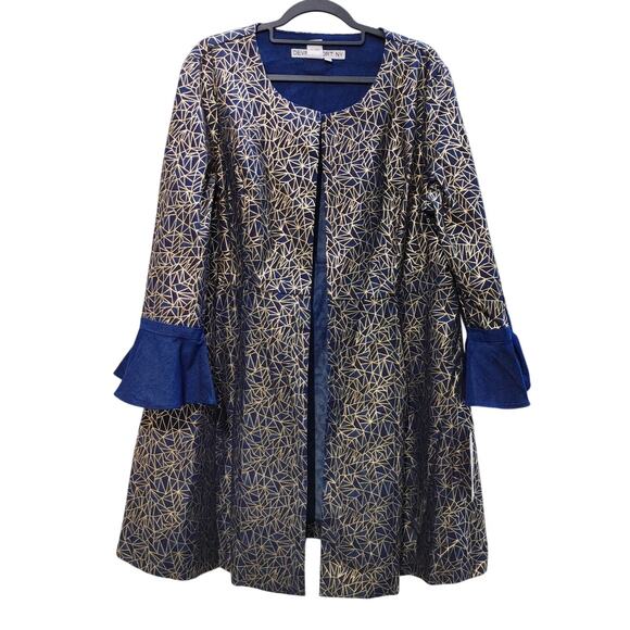 NWT Devine Sport NY Geometric Coat Jacket Long Sleeve Blue Gold Womens 16 - Picture 1 of 7